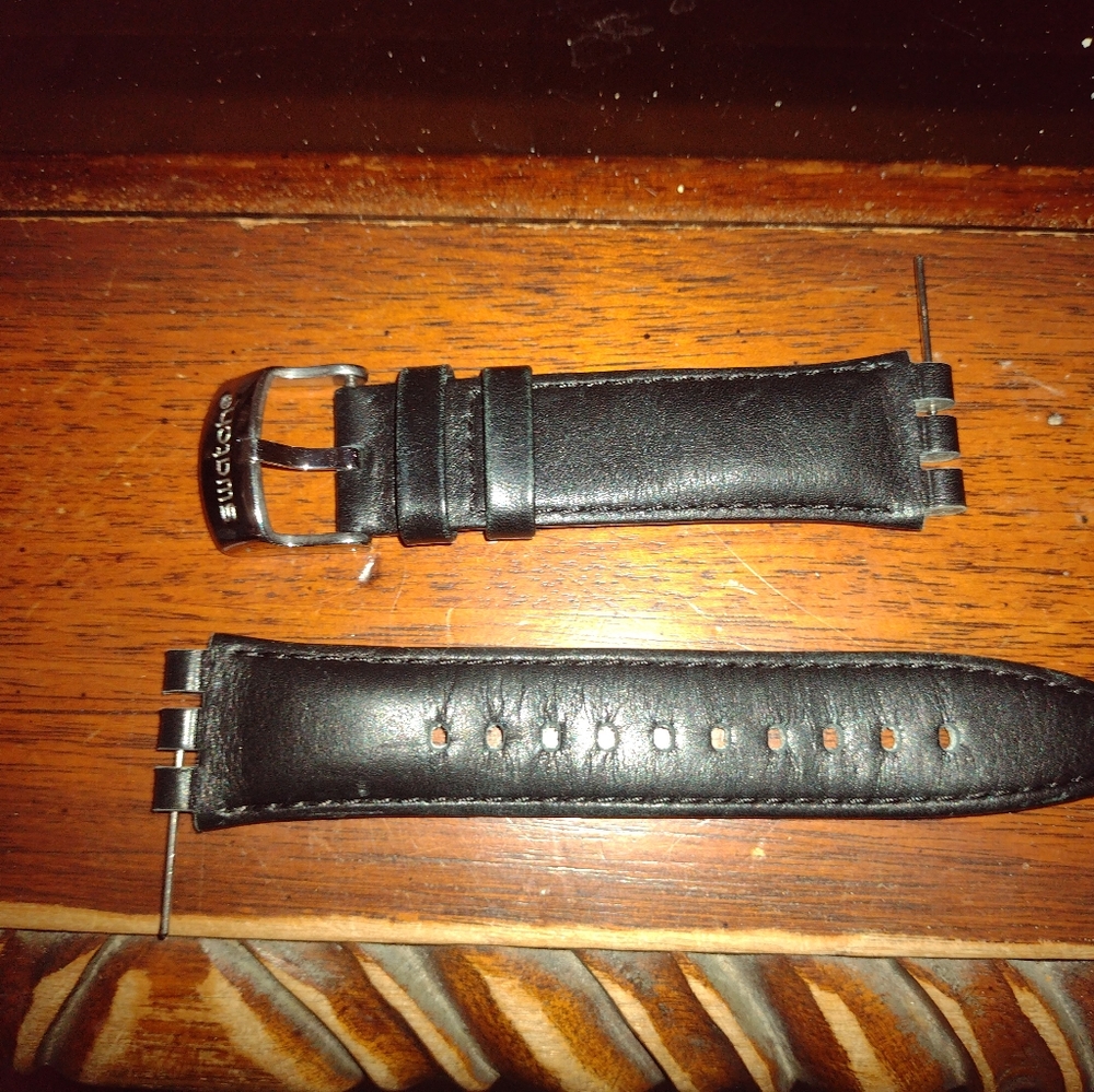 Swatch black leather band with pin rods